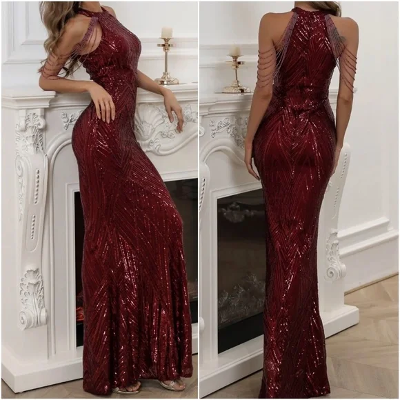 Luxe Sequin Champagne Halter Evening Party Wedding Bodycon Gown Dress - Picture 5 of 9